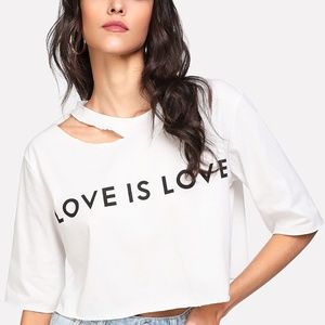 LETTER PRINT ASYMMETRIC CUTOUT NECK T-SHIRT